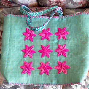 Handwoven Green Tote Bag with Pink Star Embroidery